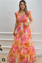 Women's Elegant Deep V Neck Cap Sleeves Floral Print Prom Dress,Summer Beach Dress Y5088