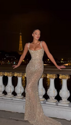 Sparkly Sequin Beaded Champagne Mermaid Evening Dress Birthday Outfits SP797