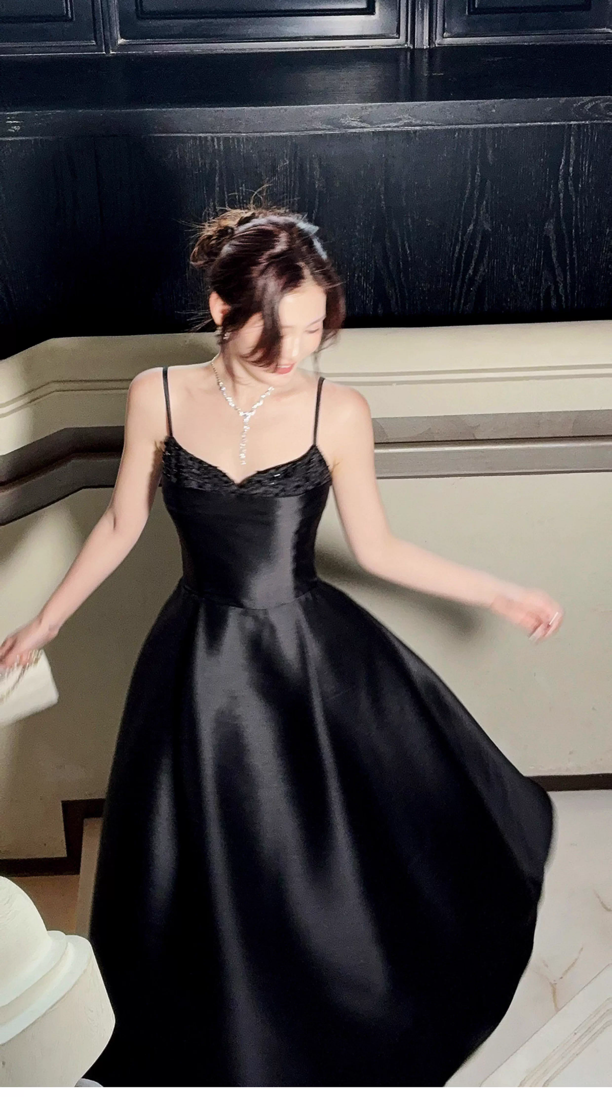 Sexy Black Spaghetti Straps Satin A Line Long Wedding Guest Dress Formal Birthday Prom Dress Party Dress SP1492