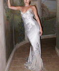 Pretty Silver Spaghetti Straps Satin Lace Appliques Mermaid Evening Dress Long Birthday Party Gown