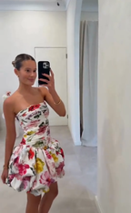 Beautiful Strapless Satin Print Floral A Line Short Graduation Homecoming Dress 20th Birthday Outfits SP52
