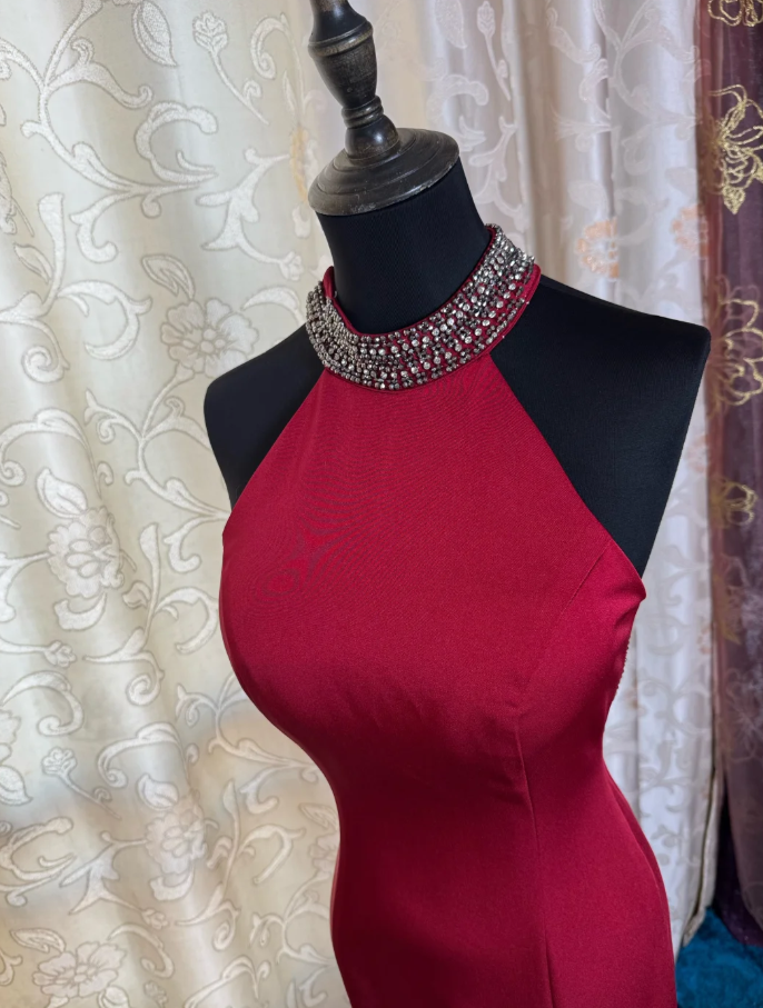 Classy Red Halter Satin Beaded Slit Evening Dress Long Mermaid Prom Gowns SP1617