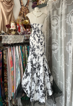 Vintage Strapless Satin Print Floral Mermaid Party Dress Long Evening Gown