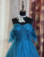 Elegant Peacock Blue Off The Tulle A Line Wedding Guest Dress Long Evening Dress Prom Dress SP1613
