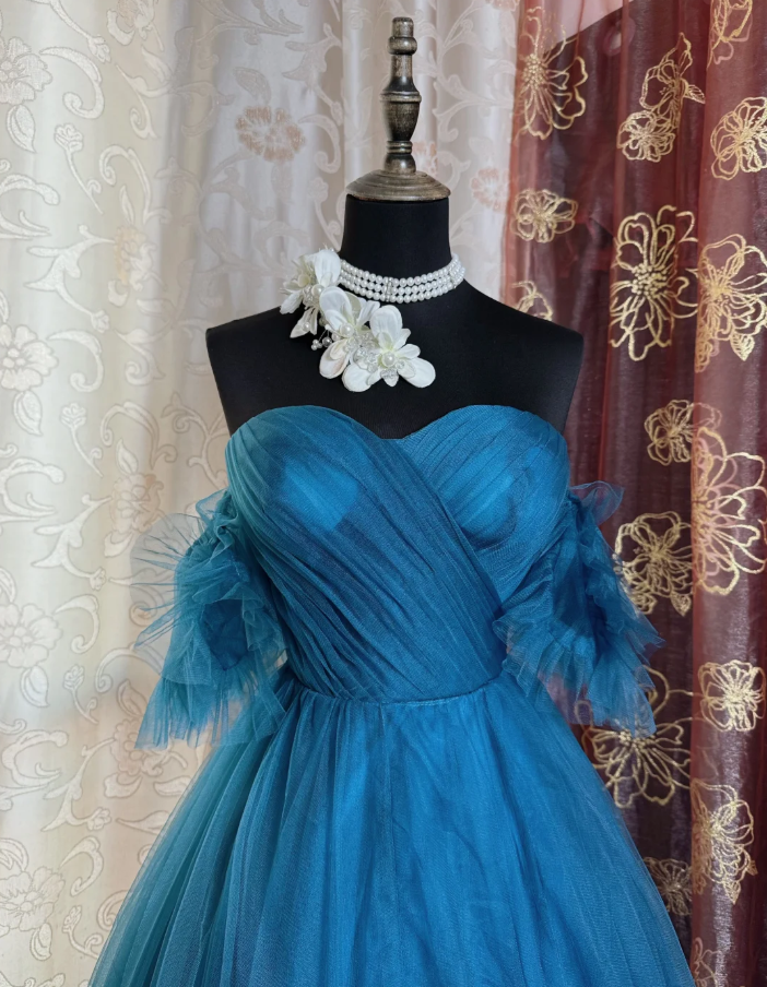 Elegant Peacock Blue Off The Tulle A Line Wedding Guest Dress Long Evening Dress Prom Dress SP1613