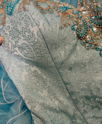 Elegant Blue Tulle Beaded Ruffles Long Ball Gown Formal Birthday Quinceanera Dress With Gloves