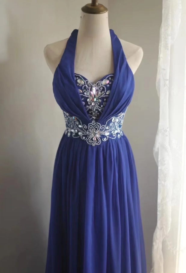 Stylish Halter Royal Blue Chiffon Beaded Long Evening Dress Formal Wedding Guest Dress Prom Gown