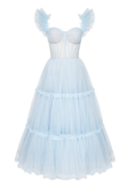 Ruffled Sleeves Tulle Prom Dress, Tiered Ruffled A-line Skirt, Bridesmaid Party Dress, Graduation Dress Y1246