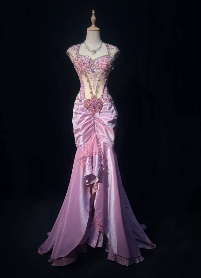 Unique Purple Satin Pleated Beaded Mermaid Evening Dress Long Birthday Prom Gowns SP1784