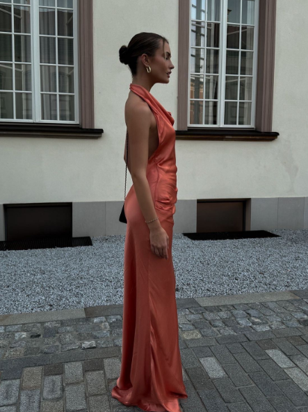 Classy Coral Pink Halter Backless Satin Mermaid Party Dress Long Wedding Guest Dress Evening Gown
