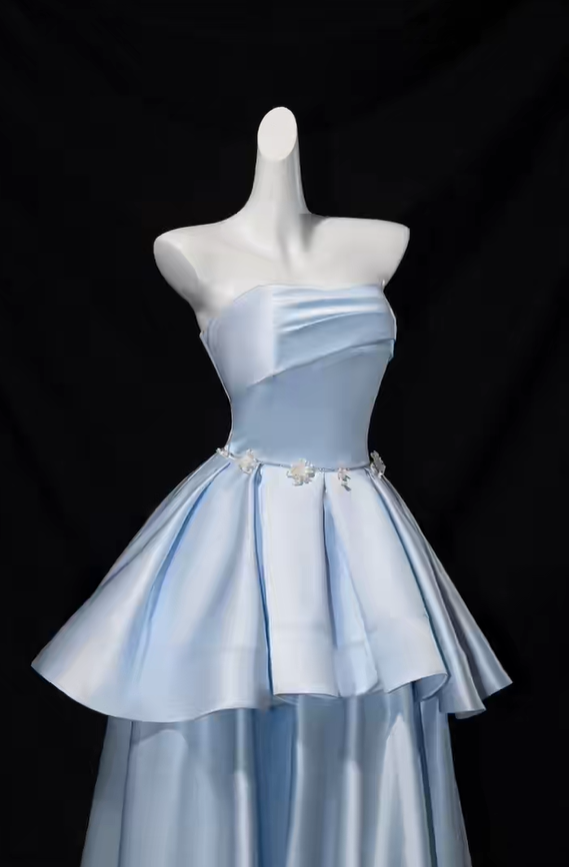 Classy Strapless Blue Satin Layered A Line Long Birthday Prom Dress Evening Gown SP1657
