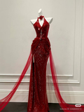 Sparkly Halter Sequin Evening Dress Red Mermaid Slit Party Dress Y8813