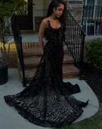 Gorgeous Black Lace Beaded Mermaid Slit Evening Dress Prom Gown