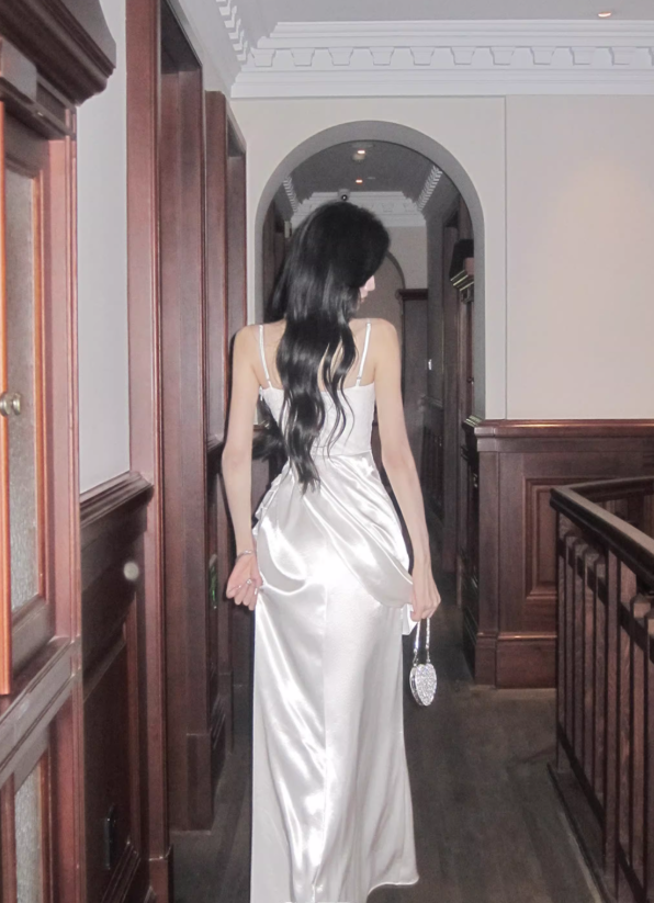 Charming White Spaghetti Straps White Satin Pleated Mermaid Long Party Dress Prom Gown SP1990
