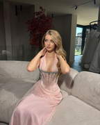 Pink Halter Chiffon Beaded Mermaid Prom Dress Long Party Dress Y8764