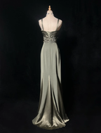 Vintage Spaghetti Straps Olive Green Satin Sheath Long Evening Dress Formal Wedding Guest Dress With Appliques SP1796