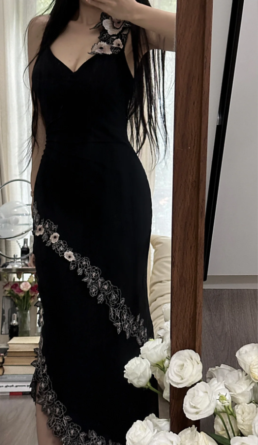 Fashion Spaghetti Straps Black Satin Mermaid Long Party Dress Prom Gown With Appliques