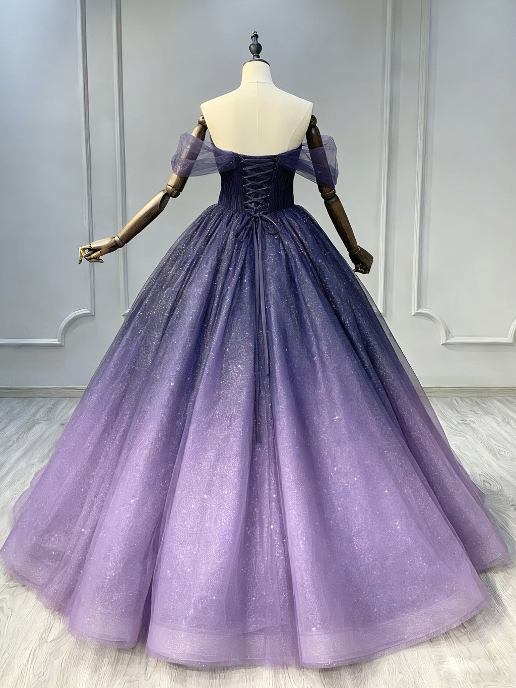 A-Line Off Shoulder Sweetheart Shiny Tulle Purple Ball Gown Prom Dresses