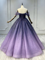 A-Line Off Shoulder Sweetheart Shiny Tulle Purple Ball Gown Prom Dresses