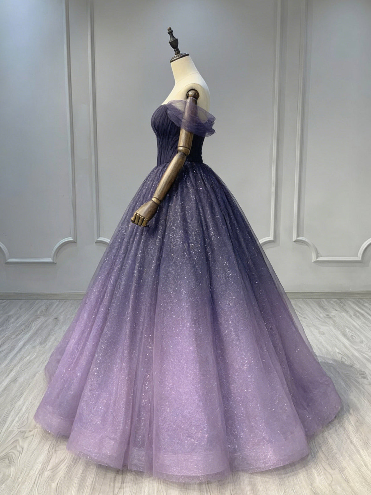 A-Line Off Shoulder Sweetheart Shiny Tulle Purple Ball Gown Prom Dresses