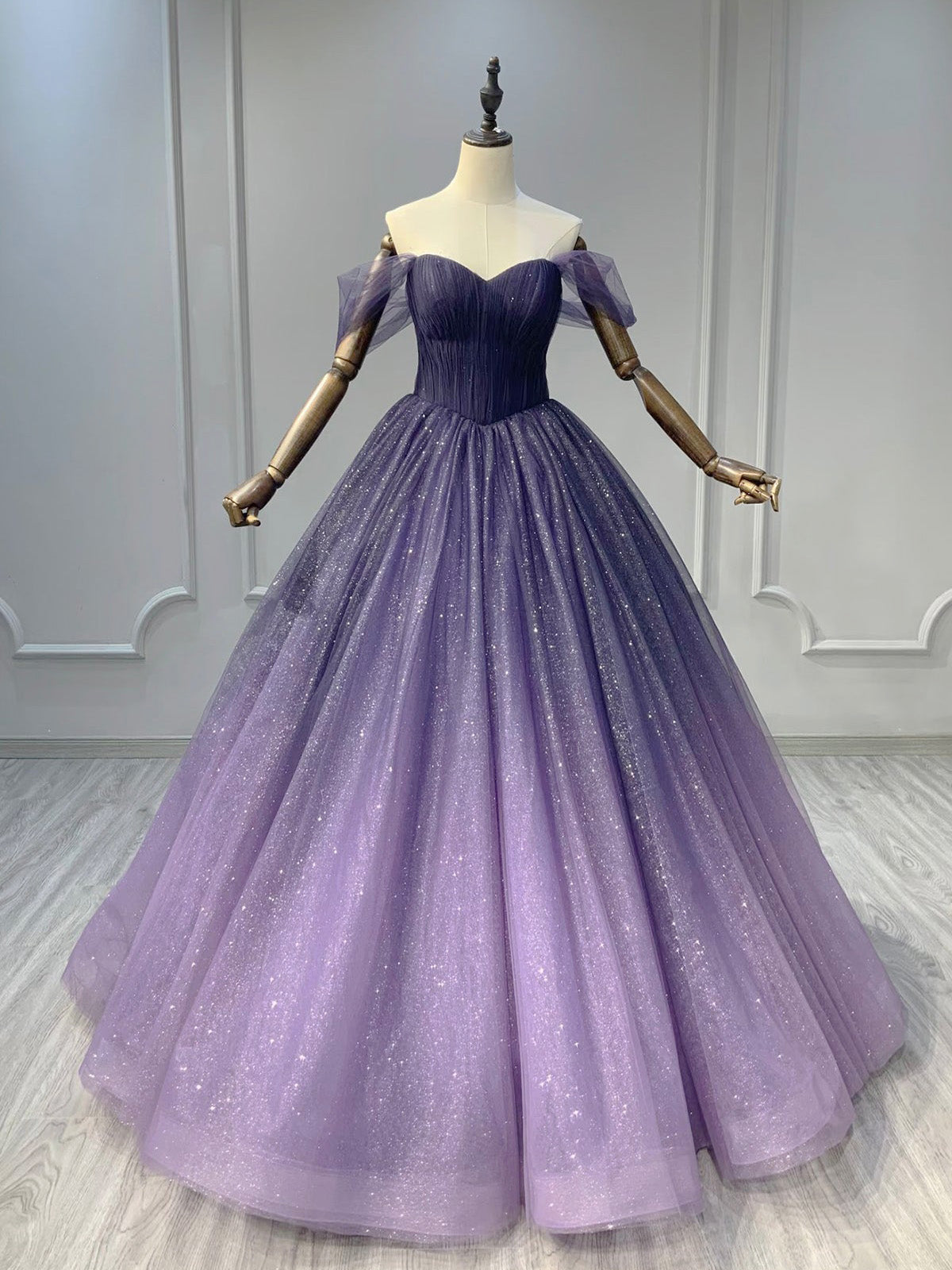 A-Line Off Shoulder Sweetheart Shiny Tulle Purple Ball Gown Prom Dresses