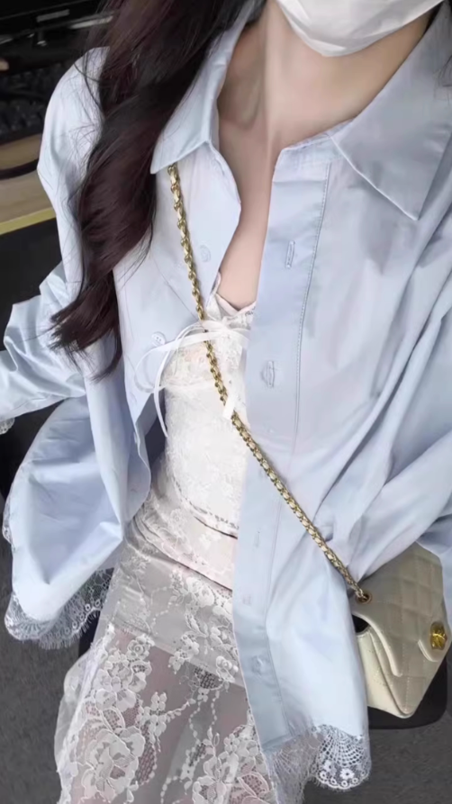 Unique beautiful blue long-sleeved shirt lace skirt two-piece suit 2025 R0860