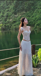 White Lace Evening Party Dress 2 Pcs Set Formal Prom Dress cg26165