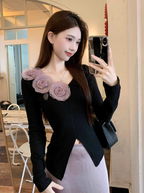 Fairy three-dimensional rose French top high waist A-line skirt gentle outfit two-piece suit R1702