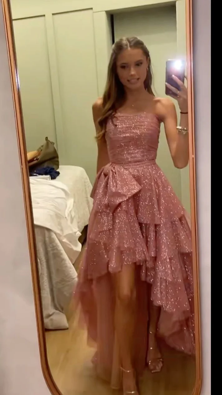 Chic Pink High Low Strapless Long Prom Dress  Sequin Layered Party Gown Evening Dress cc1499