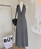 Black V-neck halter dress long skirt twist waist backless temperament A-line skirt R2089