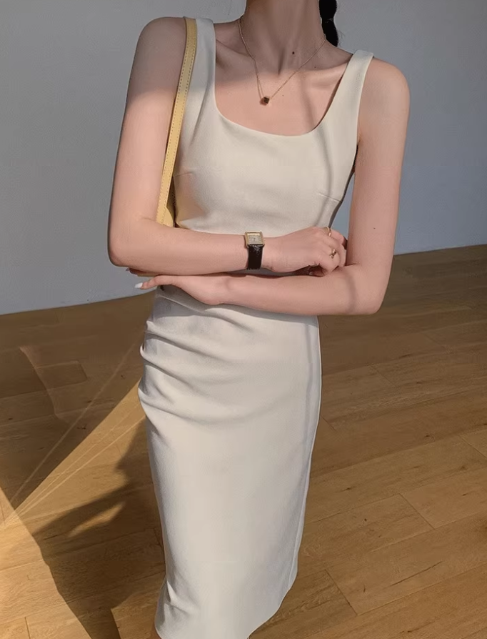 Square neck pleated slim waist suspenders long short hip-wrapped slit dress R1481