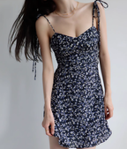 French retro slim fit navy blue floral dress waist suspender dress short skirt R2816
