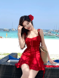 Beautiful red suspender dress sexy seaside holiday irregular short skirt R1477