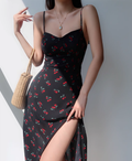 European and American cherry floral suspender dress sexy waist side slit long skirt R2808