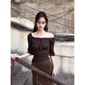 Square neck knit top and brown skirt two-piece set G097