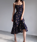 French Slim Sexy Ruffle Edge Floral Dress A-Line Waist Suspender Long Dress R2813