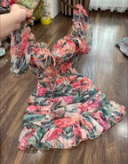 Retro pink green pleated waist puff sleeve short skirt homecoming dress R2844