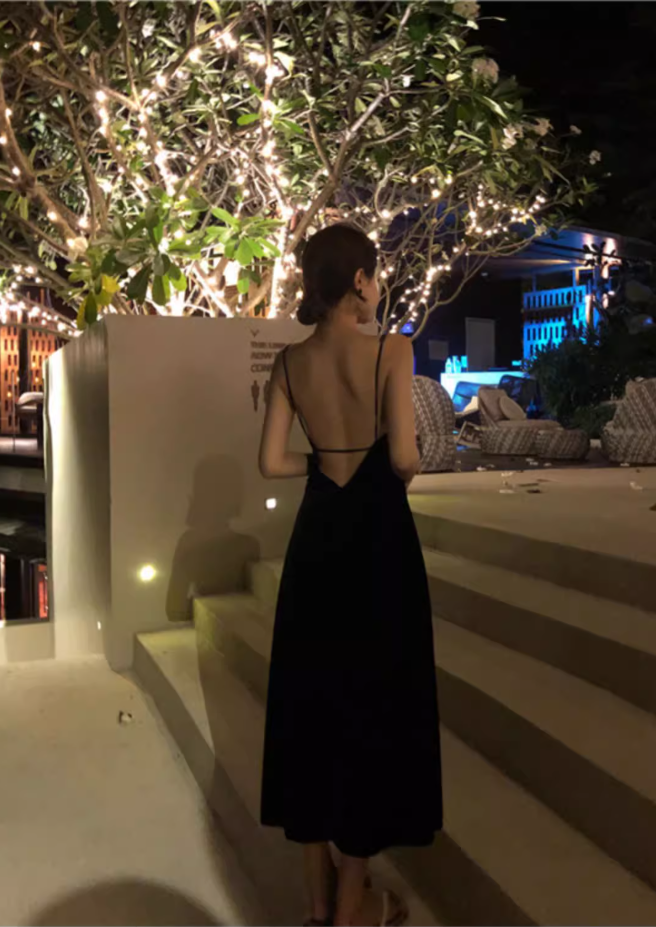 Mid-length beach dress 2025 seaside holiday backless sexy suspender dress R1440