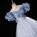 Fairy Blue Tulle Sequins Off the Shoulder Quinceanera Dress Cute Ball Gown With Bow  cc1700