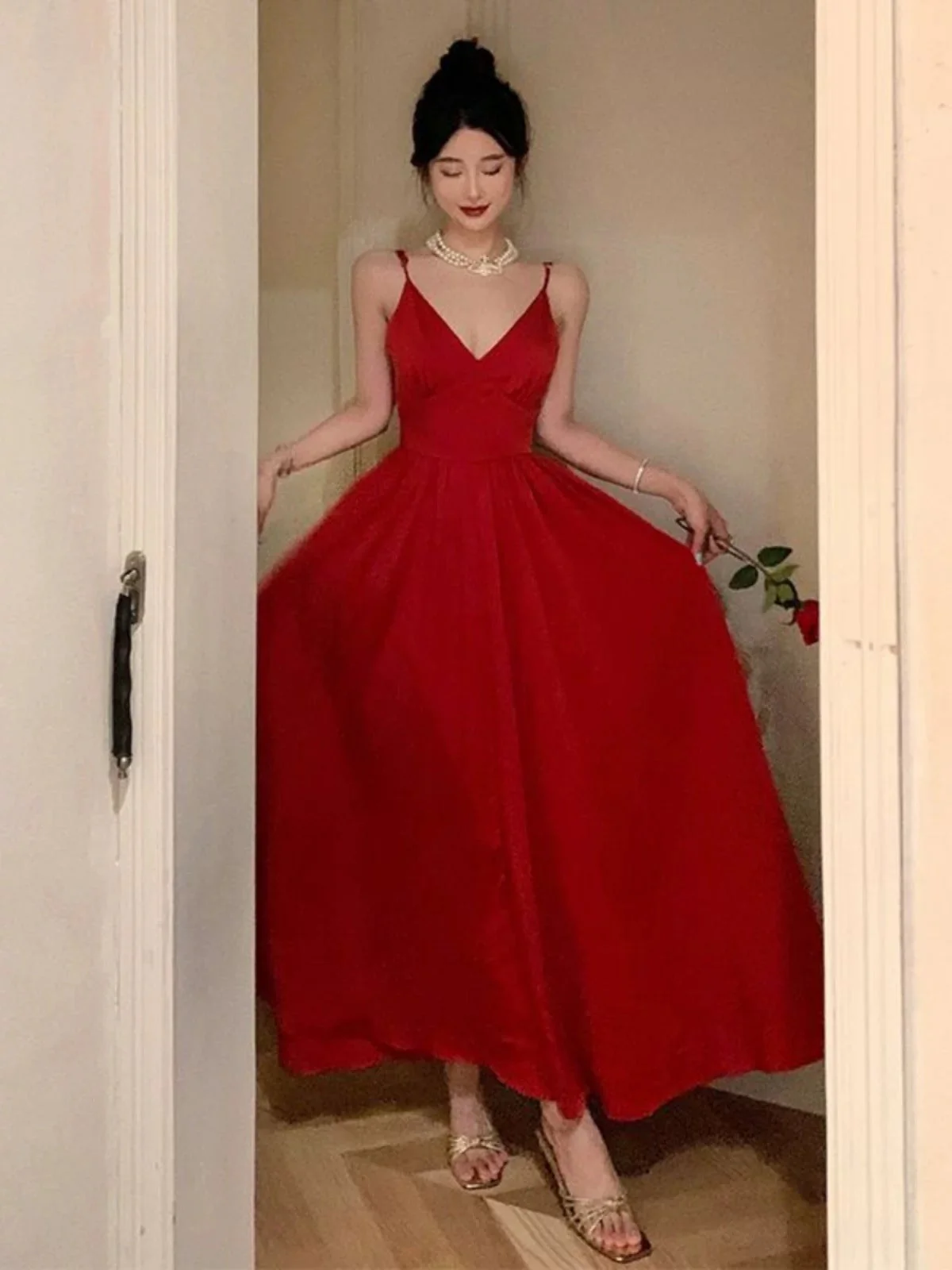 A Line Spaghetti Straps Red Ankle Length Evening Dress Prom Dresses Birthday Outfits cg26202