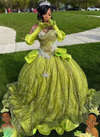 Sweetheart Ball Gown Green Long Prom Dresses Sparkly Rhinestone Tulle Green Sweet 16 Dress