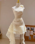 Apricot irregular neckline slim pleated A-line skirt homecoming dress R2523
