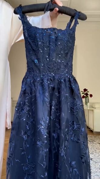 Blue A Line Lace Appliques Prom Dress Elegant Evening Gown