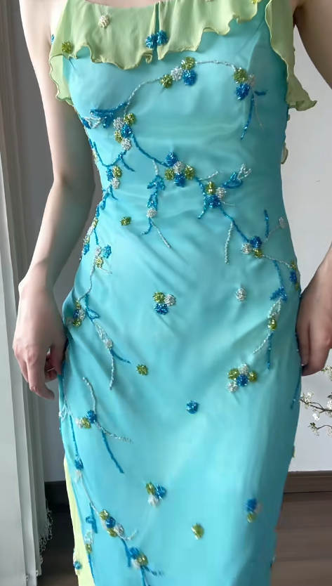 Vintage Prom Party Dress Spaghetti Straps Blue Evening Dress Birthday Outfit cg26360