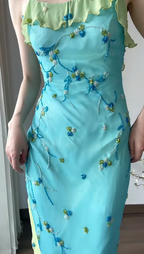 Vintage Prom Party Dress Spaghetti Straps Blue Evening Dress Birthday Outfit cg26360
