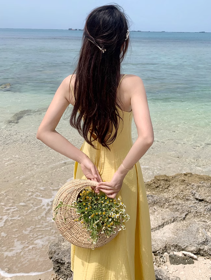 Yellow backless strappy suspender sexy dress seaside holiday long dress waist beach dress R1615