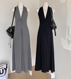 Black V-neck halter dress long skirt twist waist backless temperament A-line skirt R2089