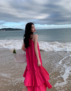 Seaside holiday style rose red white sleeveless dress high-grade layered pleated skirt R1582