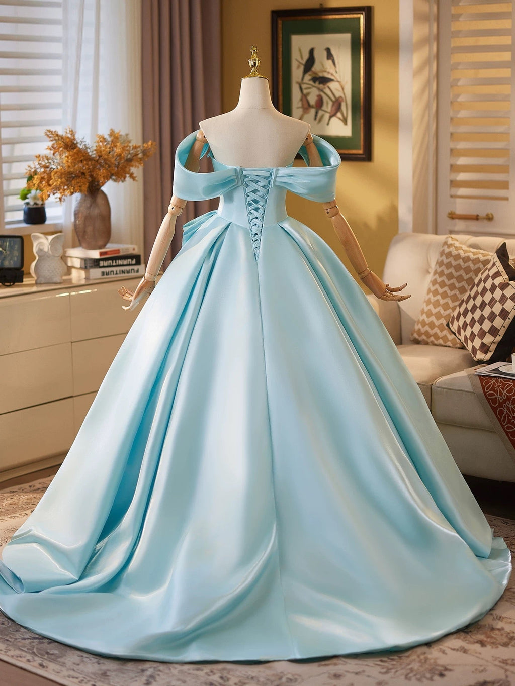 Ball Gown Off Shoulder A-Line Satin Sweep Train Blue Long Prom Dresses