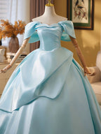 Ball Gown Off Shoulder A-Line Satin Sweep Train Blue Long Prom Dresses